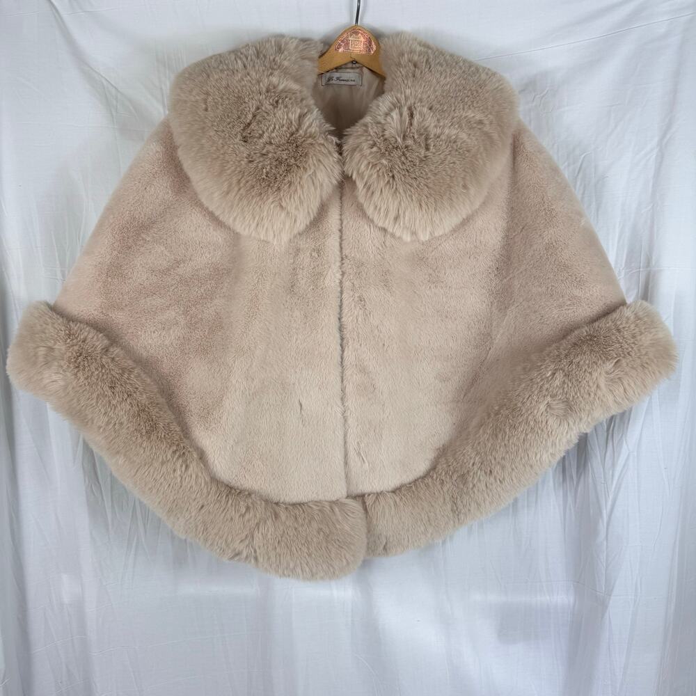 La Fiorentina One Size Faux Rabbit Fur Trim Scarf Wrap Beige Knit